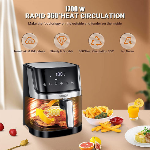 Air Fryer, 6 Quart Air Fryer Oven, Air Fryer Oven Cooker with Recipes, 8 Preset Menus Electric Hot Air Fryers Oven Oilless Cooker with LCD Digital Screen for Baking, Roasting, Dehydrating, with Accessories Black