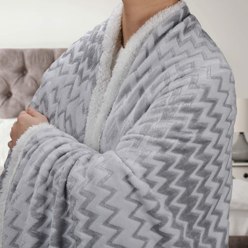 Silky Soft Grey Sherpa Throw Blanket, Flannel Chevron Micro Plush Fleece Throws for Couch Sofa TV Bed, Reversible, Comfy, Fuzzy, 50"x60"
