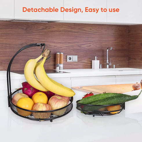 Gbasics Fruit Basket, 2 Tiers Fruit Bowl with Banana Hanger, Detachable Design Kitchen Countertop Organizer for Fruit Vegetable Storage