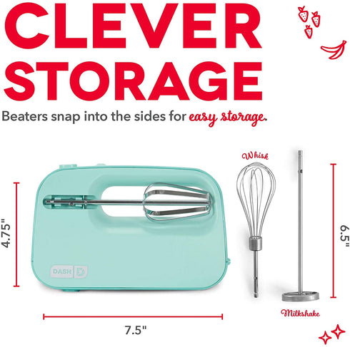 Dash SmartStore Deluxe Compact Electric Hand Mixer + Whisk and Milkshake Attachment for Whipping, Mixing Cookies, Brownies, Cakes, Dough, Batters, Meringues & More, 3 Speed, 150-Watt Aqua