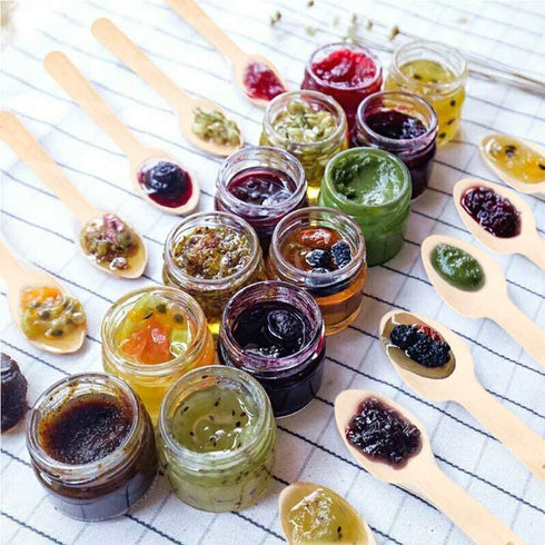 Folinstall 30 Pcs Small Glass Jars with Lids, 1.5 oz Mini Jam Jars, Small Honey Jars for Favors, Candle Jars for Candle Making for Gifts Wooden Spoons Included