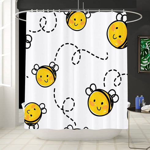 White Baby Bee Honey Cute Flying Happy Honeybee Cartoon Animal Bumblebee Shower Curtain Sets Hooks,Waterproof Polyester Curtain