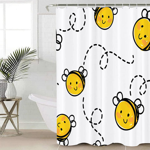 White Baby Bee Honey Cute Flying Happy Honeybee Cartoon Animal Bumblebee Shower Curtain Sets Hooks,Waterproof Polyester Curtain