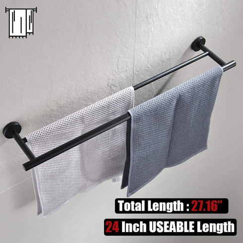 JQK Double Towel Bar, Matte Black 24 Inch Stainless Steel Bath Towel Rack for Bathroom, Towel Holder Wall Mount, Total Length 27.16 Inch, TB100L24-PB