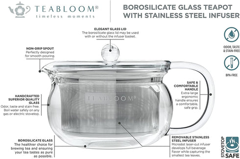 Teabloom Kyoto 2-in-1 Tea Kettle and Tea Maker Glass Teapot with Removable Loose Tea Filter Tea Connoisseur's Choice