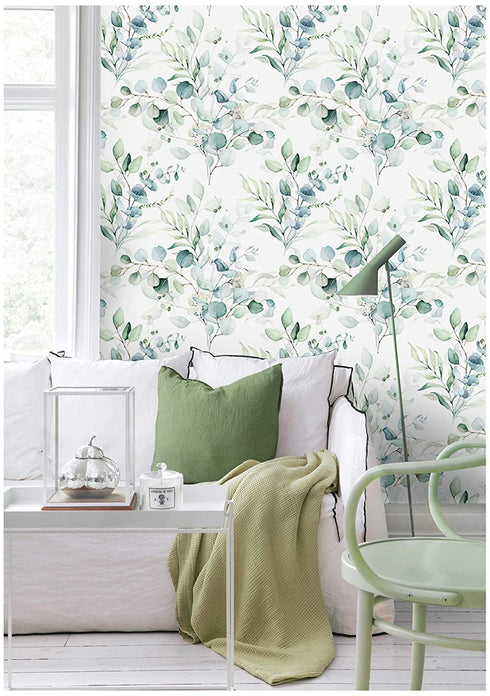 HaokHome 93042 Peel and Stick Wallpaper Green/White Eucalyptus Leaf Floral Wall Mural Home Nursery Boho Decor 17.7in x 9.8ft