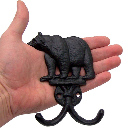 Rustic Black Bear Cast Iron Double Wall Hooks, Set of 3, 5.25 Inches