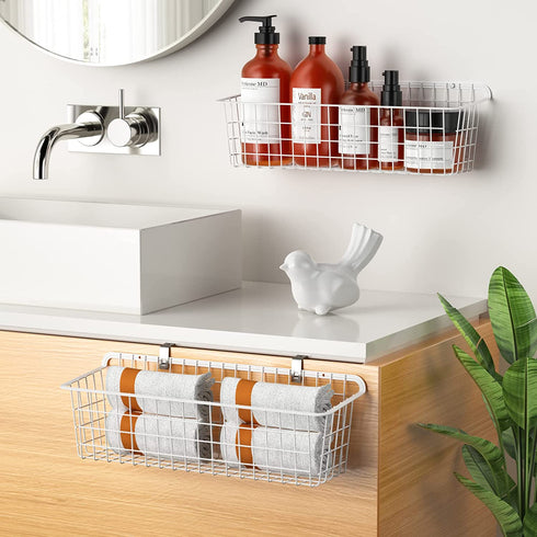 Wall Basket, Cambond Metal Wall Mounted Wire Baskets for Storage, Durable Hanging Wire Wall Basket Pantry Organizer for Kitchen, Home, Office, Bathroom, Garage, Mount Hooks Included 4 Pack (White)