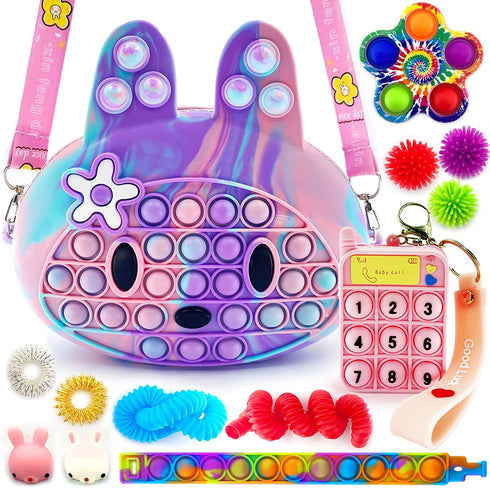 Exun Pop Crossbody Purse Bags Fidget Toy Pack, Push It Bubble Popper Sensory Easter Basket Stuffers Bunny Shoulder Bag for Girls Kids, Figetget Toys for Party Favors, Classroom Prizes, Birthday Gift