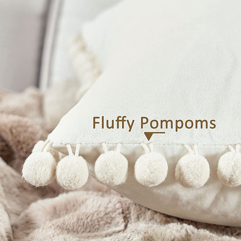 Top Finel Decorative Throw Pillow Covers with Pom-poms Soft Particles Velvet Solid Cushion Covers 20 X 20 for Couch Bedroom Car, Pack of 2, Cream