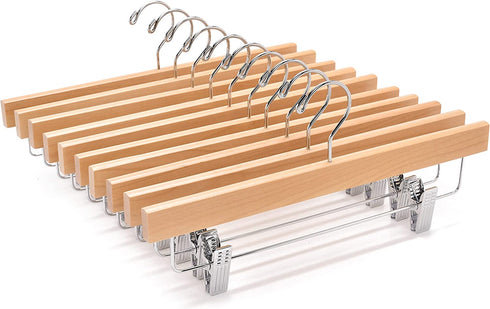 Amber Home Natural Wooden Pants Hangers 10 Pack, Solid Wood Skirt Hanger Bottom Hanger Clips Hangers for Slacks, Jeans, Shorts with 2-Adjustable Clips (Natural, 10 Pack)