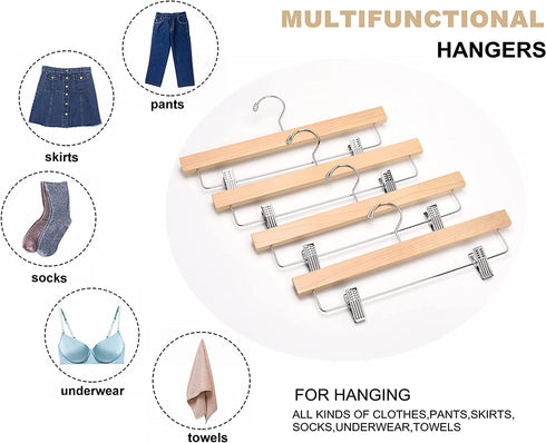 Amber Home Natural Wooden Pants Hangers 10 Pack, Solid Wood Skirt Hanger Bottom Hanger Clips Hangers for Slacks, Jeans, Shorts with 2-Adjustable Clips (Natural, 10 Pack)