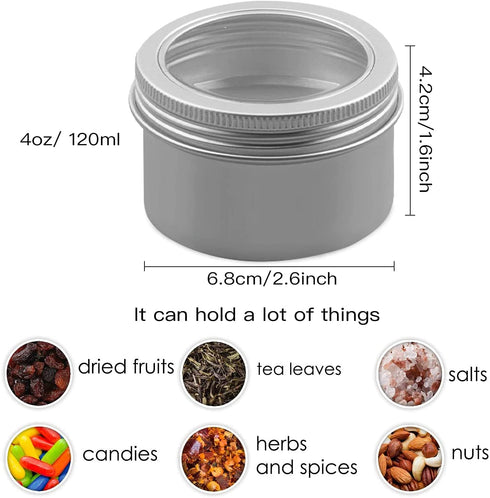 15 Pack 4oz Metal Round Tins, Lainrrew Aluminum Tin Cans Small Metal Food Travel Tins Storage Jars Containers with Clear Top and Screw Lids for Spices, Candles, Arts & Crafts (4oz)