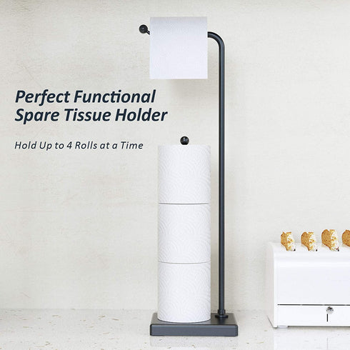 Toilet Paper Holder Stand, Veckle Free Standing Toilet Paper Holder for Bathroom, Weighted Base Toilet Paper Stand Black, Toilet Paper Roll Holder Stand with Reserve