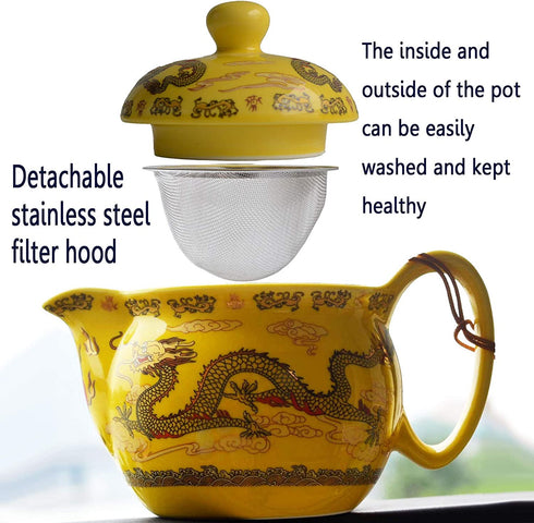 Teapot 12oz Chinese King Yellow Porcelain Flying Two Dragon Game Bead Sea Stainless Mash Infuser for Loose Tea (Yellow Golden dragon)