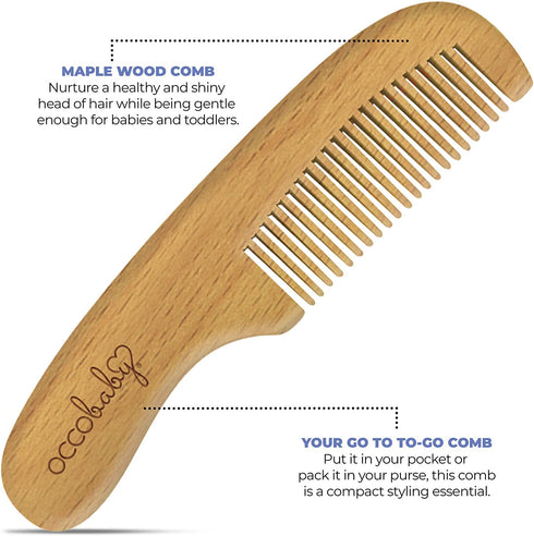 OCCObaby 3-Piece Wooden Baby Hair Brush and Comb Set for Newborns and Toddlers | Natural Soft Goat Bristles for Cradle Cap | Wood Bristles Baby Brush for Massage | Perfect for Baby Registry