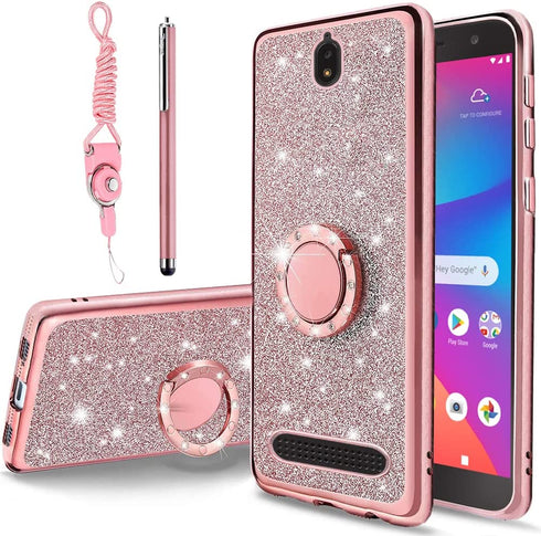 B-wishy for Blu View 2 Case for Women, Glitter Crystal Slim TPU Luxury Bling Cute Protective Cover with Kickstand+Strap for Blu View 2 B130DL