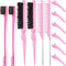 12 Pieces Hair Brush Set, Nylon Teasing Hair Brushes 3 Row Salon Teasing Brush, Double Sided Hair Edge Brush Smooth Comb Grooming, Rat Tail Combs with Duckbill Clips for Women Girls (Pink)1