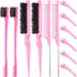 12 Pieces Hair Brush Set, Nylon Teasing Hair Brushes 3 Row Salon Teasing Brush, Double Sided Hair Edge Brush Smooth Comb Grooming, Rat Tail Combs with Duckbill Clips for Women Girls (Pink)1