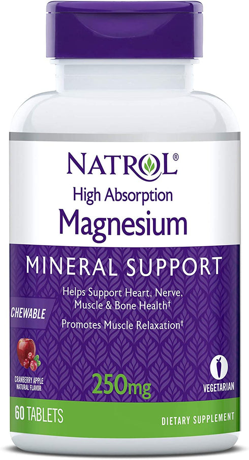 Natrol High Absorption Magnesium Chew Tablets, Purple, Cranberry, 60 Count
