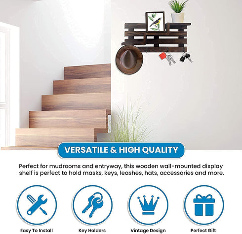 Hivory Wall Mounted Display Shelf with Key Holder ~ 4 Key Hooks Wall Organizer ~ Entryway Decorative Shelf with Hooks ~ Wooden Wall Mount Organizer for Keys (Rustic Brown)