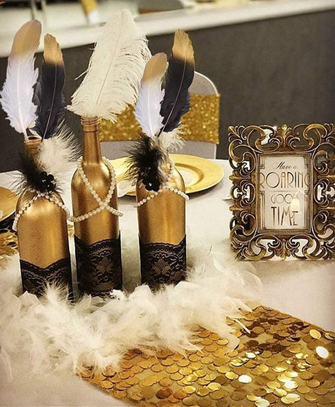 JeVenis 41 PCS Gorgeous Black and Gold Dipped Feather Black Feathers White Pearl Bead Necklaces for 1920's Wedding Cake Decoration Gastby Theme Table Decorations
