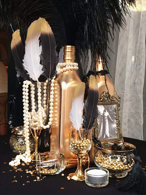 JeVenis 41 PCS Gorgeous Black and Gold Dipped Feather Black Feathers White Pearl Bead Necklaces for 1920's Wedding Cake Decoration Gastby Theme Table Decorations