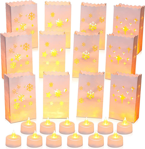 12 Pieces Christmas Luminary Paper Bags with 12 Led flameless Candle White Luminary Paper Bags Flame Resistant Candle Bag Candle Holder Bag Star Snow Luminaries Christmas Party Decoration