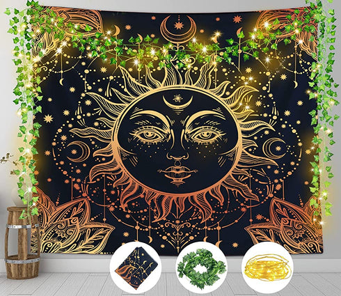 Sun and Moon Tapestry + 6 Fake Ivy Vines + 32.8ft LED String Lights, Wall Hanging Tapestry Psychedelic Aesthetic Home Decor for Bedroom Living Room Home Dorm Christmas Wall Decor, Black Gold