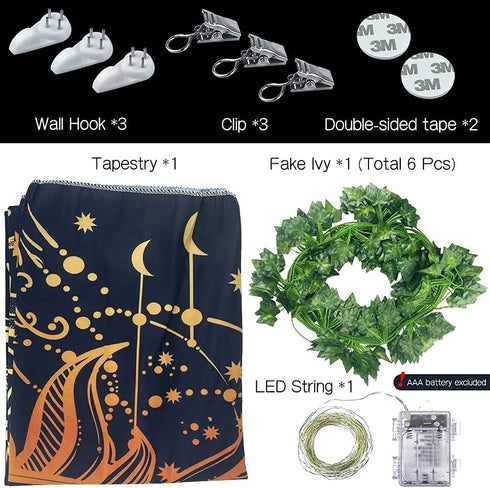 Sun and Moon Tapestry + 6 Fake Ivy Vines + 32.8ft LED String Lights, Wall Hanging Tapestry Psychedelic Aesthetic Home Decor for Bedroom Living Room Home Dorm Christmas Wall Decor, Black Gold