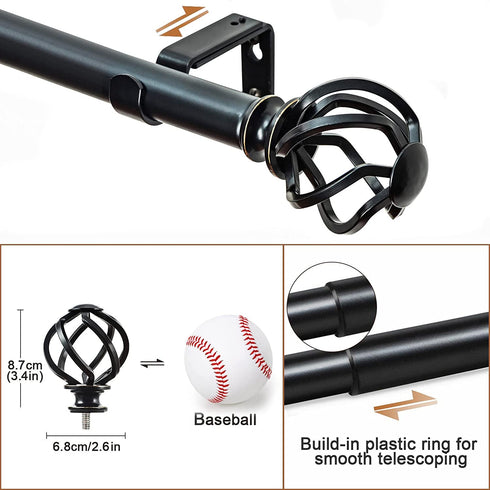 KAMANINA 1 Inch Curtain Rod Single Drapery Rod 36 to 72 Inches (3-6 Feet), Twisted Cage Finials, Black