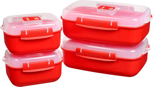 Sistema Heat and Eat 4 Rectangular Food Containers with Lids 1.25L + 2X 525ml | Locking Clips & Steam Release Vents | BPA-Free Microwave Set, 2x 1.25 Litre + 2x 525 ml, Red