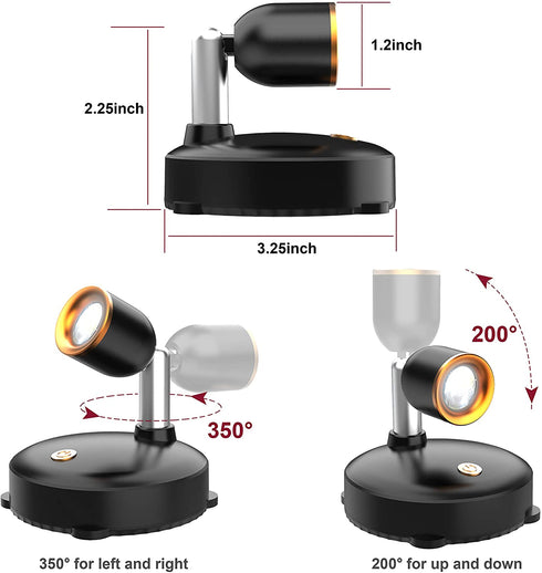 Wireless Spotlight, Led Picture Light, Accent Light, 2 Pack Shineled Battery Operated Spotlights Indoor with Rotatable Light Head for Paintings, Dartboard, Bedroom (Black+Sliver)