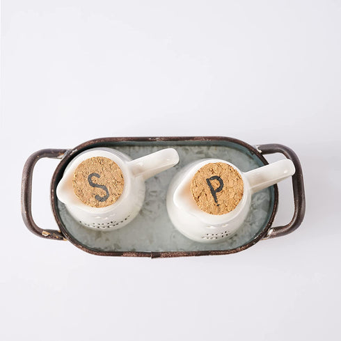 Mud Pie Farmhouse Inspired Ceramic Aluminum Salt and Pepper Caddy Set, One size, White