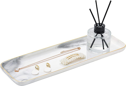 Shinowa Bathroom Vanity Tray, Ceramic Sink Tray, Toilet Tank Tray, Long Narrow Tray for Kitchen Sink Candles Towel Perfume, Small Size - Marble White