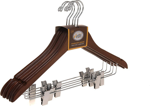 Quality Wooden Skirt Hangers with Clips, 10-Pack Smooth Solid Wood Pants Hangers with Durable Adjustable Metal Clips, Swivel Hook, Coat, Jacket, Blouse Suit Hangers (Walnut - Chrome Hook, 10)