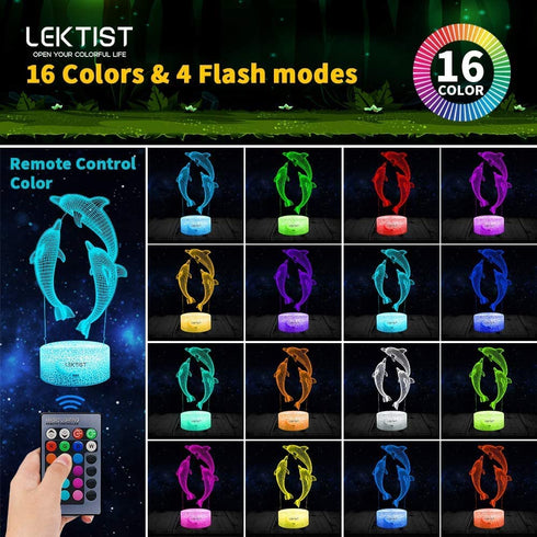 LEKTIST Dolphin 3D Night Light for Kids 16 Color Changing 3D Illusion Lamp with Remote, Dolphin 3D lamp Dolphin Lamp for Bedroom Dolphin Gifts Xmas Birthday Gift for Girls Boys Children (Dolphin)