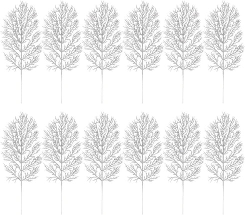 HEMOTON 12PCS Artificial Pine Branches Glitter Pine Needles Spray Stems Faux Cedar Spray Picks Greenery DIY Accessories for Christmas Holiday Winter Garden Decor Silver