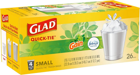 Glad Trash & Food Storage OdorShield Small Trash Bags, Gain Original & Febreze, 4 Gal, 26 Ct - Pack of 6 (Package May Vary) (COMINHKG128835)