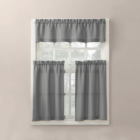 No. 918 Martine Microfiber Semi-Sheer Rod Pocket Kitchen Curtain Valance and Tiers Set, 54 in x 24 in (3 Piece), Gray