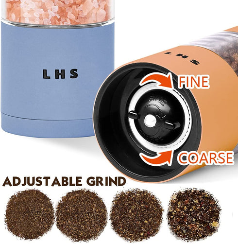 LHS Premium Salt and Pepper Grinder Set, Stainless Steel Salt Pepper Shakers Set, Refillable Refillable Spice Mills with Adjustable Coarseness for Kitchen Use - 4.6 Inches(Set of 2, Blue & Orange)