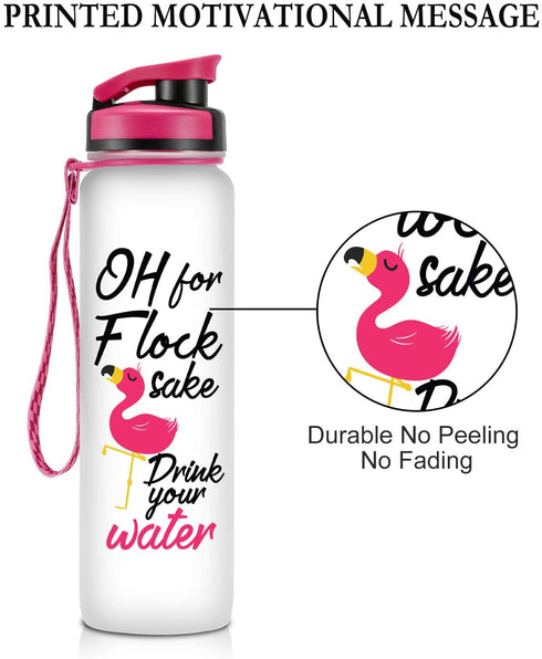 LEADO 32oz 1Liter Motivational Water Bottle with Time Marker - for Flock Sake Drink Your Water - Funny Mothers Day, Flamingo Birthday Gifts for Women, Friends, Mom, Daughters, Sister, Wife, Coworkers