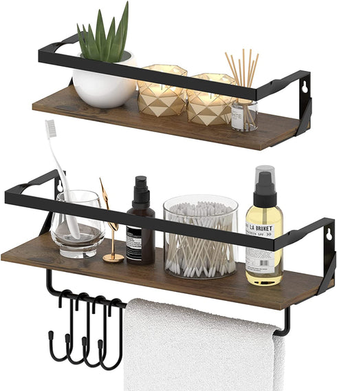 Ditwis Floating Shelves with Rail and Towel Bar for Bathroom, Set of 2 Rustic Wall Mounted Storage Shelf for Bedroom, Kitchen, Including 4 Hooks