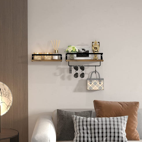 Ditwis Floating Shelves with Rail and Towel Bar for Bathroom, Set of 2 Rustic Wall Mounted Storage Shelf for Bedroom, Kitchen, Including 4 Hooks