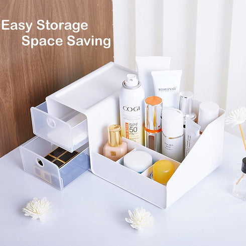 Clear Makeup Organizer for Vanity, Desk Cosmetics Organizer with Drawers for Lipsticks, Lotions, Jewelry, Nail Care, Skincare, Ideal for Dresser, Bedroom and Bathroom Countertops-White
