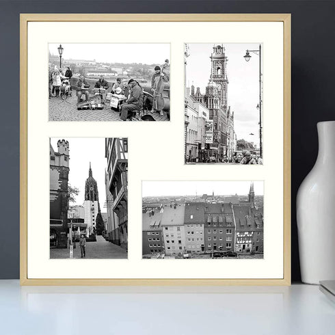 Golden State Art, 12x12 Gold Aluminum Metal Frame with Ivory Mat - Displays Four 4x6 Photos - Square Collage Frame - Real Glass, Sawtooth Hanger, Swivel Tabs - Wall Mounting, Landscape, Portrait