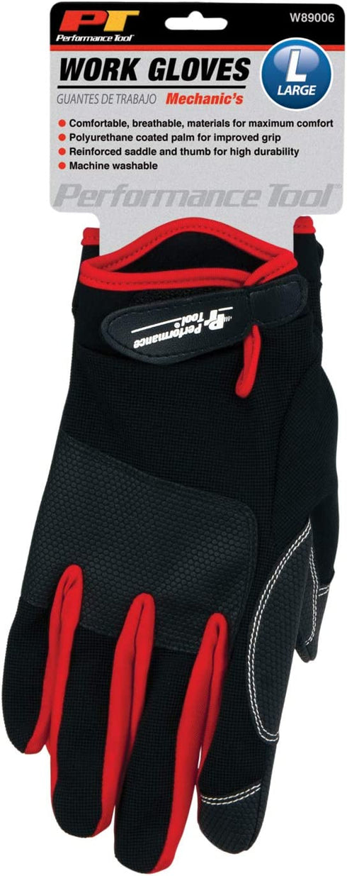 Performance Tool High Dexterity, Excellent Grip, Ideal for working on cars and outdoor jobs | Mechanics Gloves - Large, Red, W89006