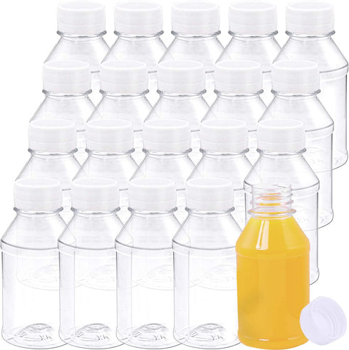 Aneco 20 Pack 4 Ounce Empty Plastic Juice Bottles Reusable Drink Containers with Lids Ideal for Storing Juices, Water and Other Homemade Beverages