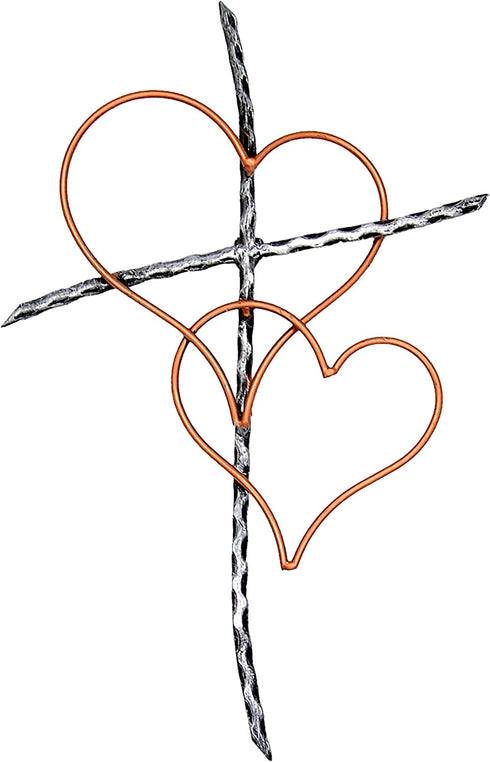 Silver Toned Metal Wall Cross with Two Interwoven Bronze Toned Hearts, 19 1/2 Inches