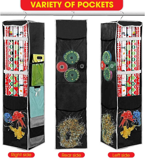 ProPik Holiday Hanging Wrapping Paper Storage Bag Organizer Swivel Hanger 360 Degree Multiple Mesh Pockets and Loops Holds Up to 25 Rolls 40 Inch Plus Space for Ribbons Bows and Gift Wrap (Black)